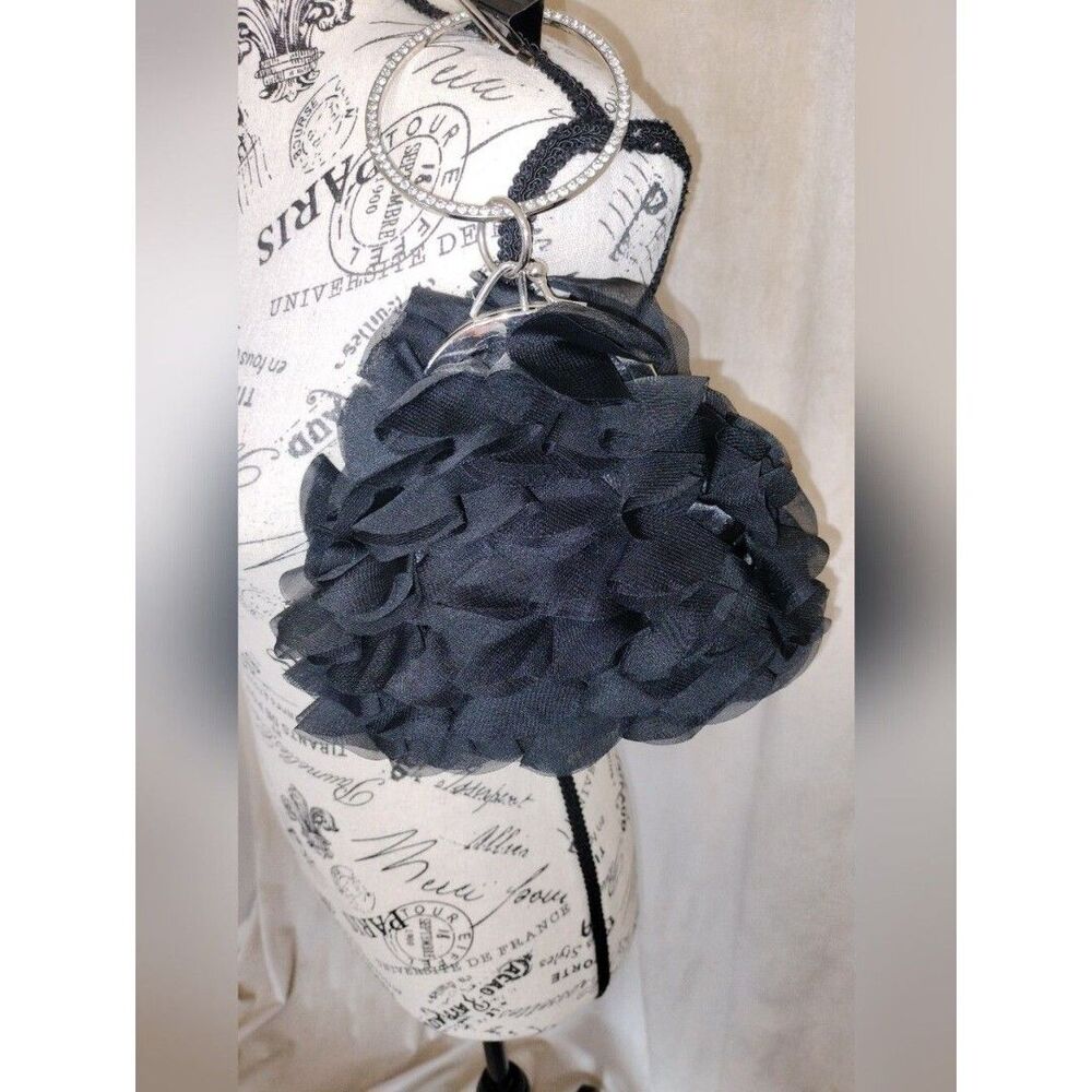 Black 3D Chiffon Floral Petal Ruffled Evening Clutch w/Rhinestone BraceletHandle